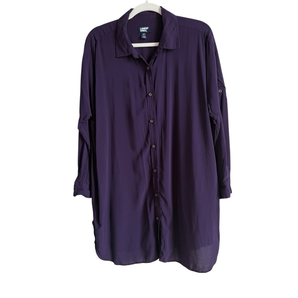 Lands End Ladies Swim Cover-Up Top Purple Roll Tab Sleeve Women M/L Beach Resort